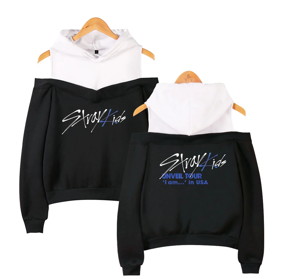 

Детские толстовки с открытыми плечами Stray Kids Kpop, женские модные толстовки с длинным рукавом и капюшоном, лидер продаж 2019, Повседневная модная уличная одежда