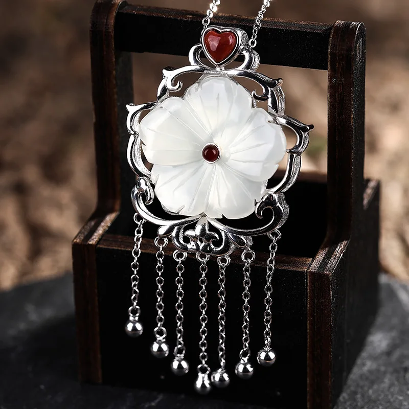 Polaroid S925 Pure Silver tassel Natural Hotan Jade Plum Blossom Pendant Retro Baitao Women's Necklace Wholesale | Украшения и