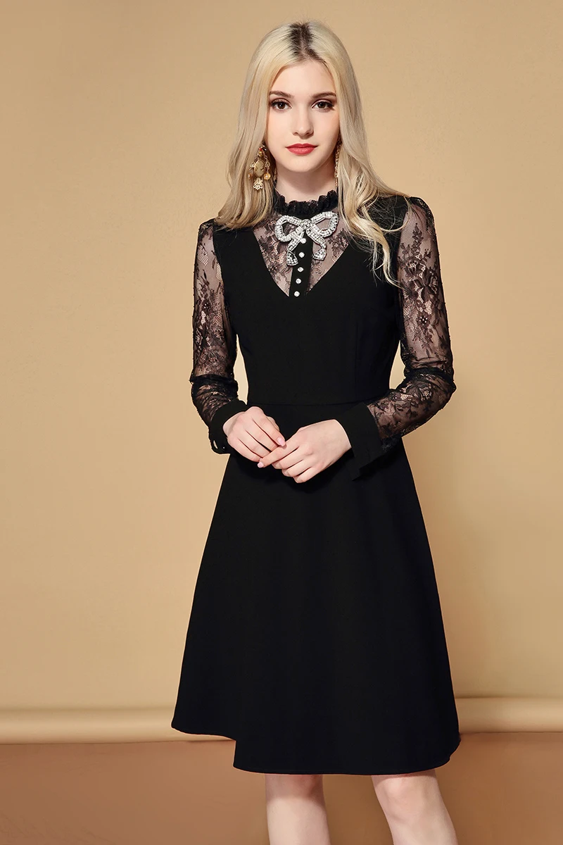LD LINDA делла осеннее подиумное однотонное черное платье vestidos женское элегантное платье с длинным рукавом и цветочным кружевом в стиле пэчворк с хрустальным бантом