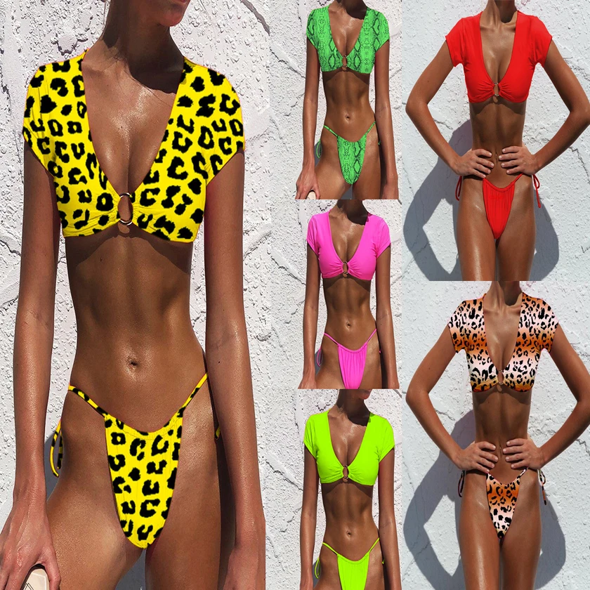 Бикини с коротким рукавом неоново зеленый комплект короткий топ купальник