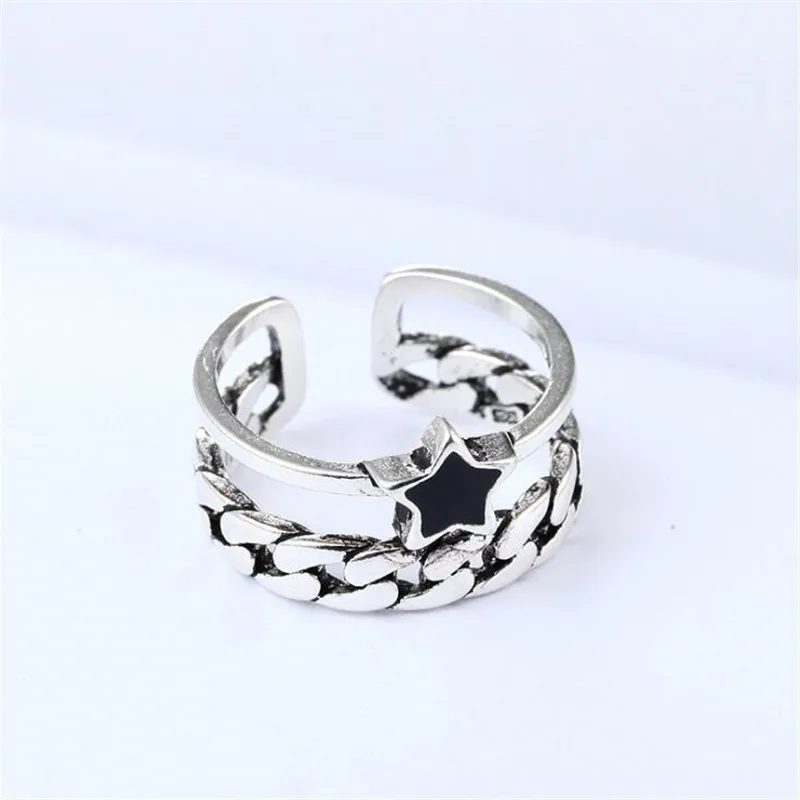 

New National Style 925 Sterling Silver Jewelry Personality Twist Double-layer Five-pointed Star Chain Opening Rings SR431