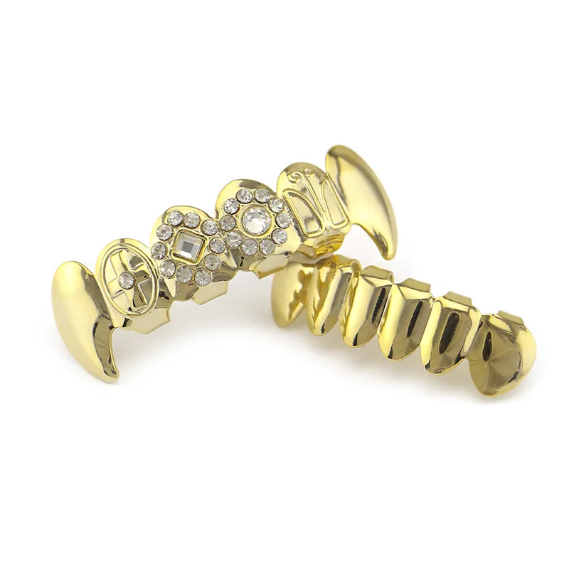 Панк золотые зубы Grillz верхние и нижние грили стоматологические Стразы Зубы вампира колпачки Хэллоуин рот украшения для зубов вечерние XHYT1039-1