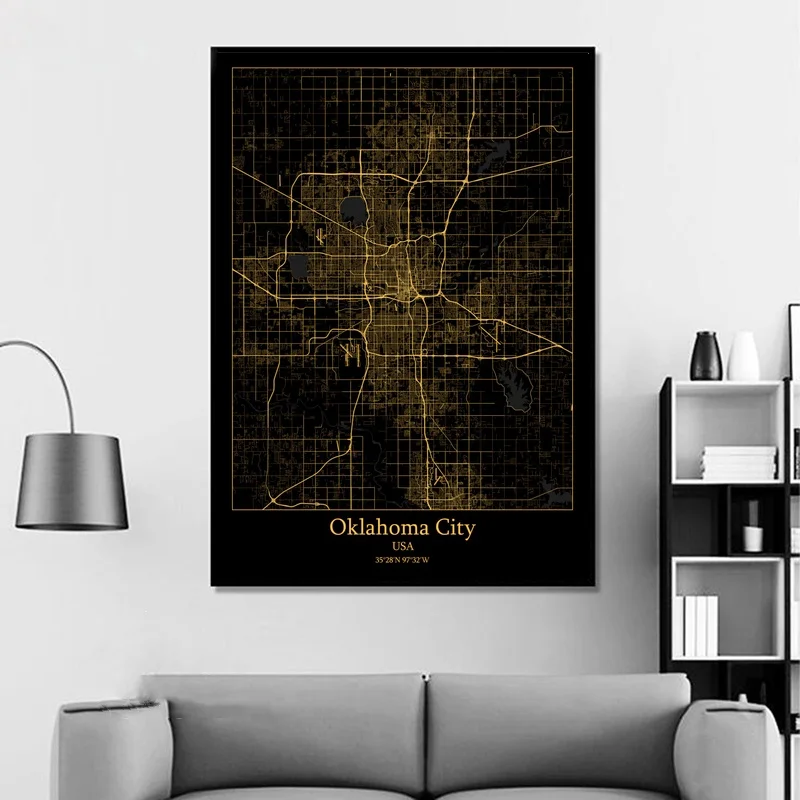 Oklahoma City USA Omaha Orlando Modern Gold Map Canvas Art Print Home Room Decor Poster | Дом и сад