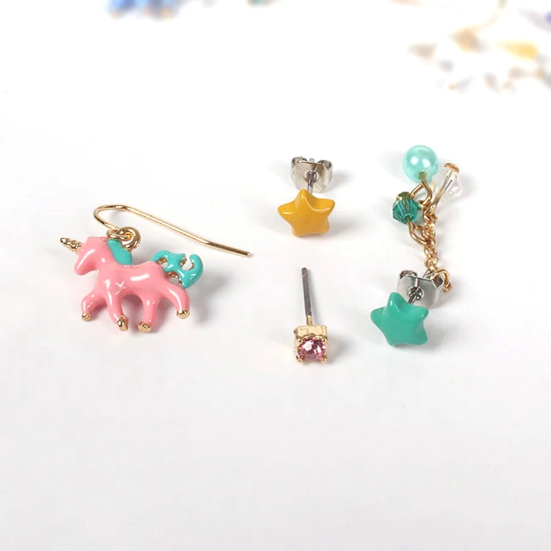 1 компл. Harajuku сплав эмаль аниме мультфильм розовый сине-белые Единорог звезда