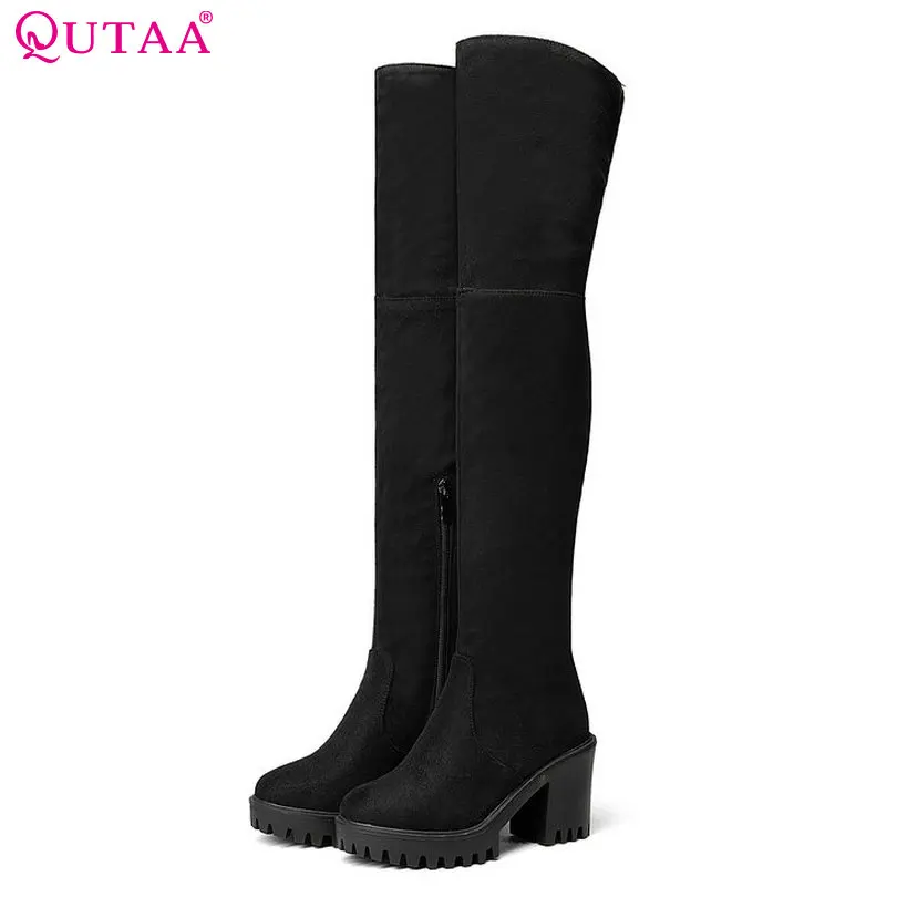 Женские сапоги ботфорты QUTAA замшевые/ПУ Модные однотонные с закругленным носком