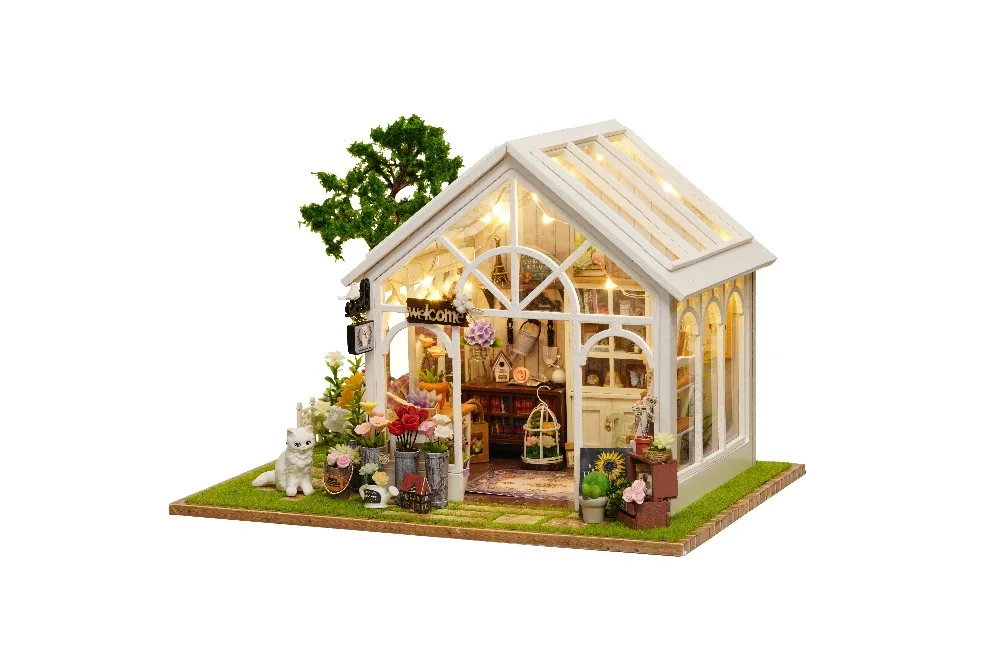 Кукольный дом Diy миниатюрный деревянный пазл кукольный домик на день рождения Рождество Каса Boneca Woodens подарки на год Солнечный свет теплица A063