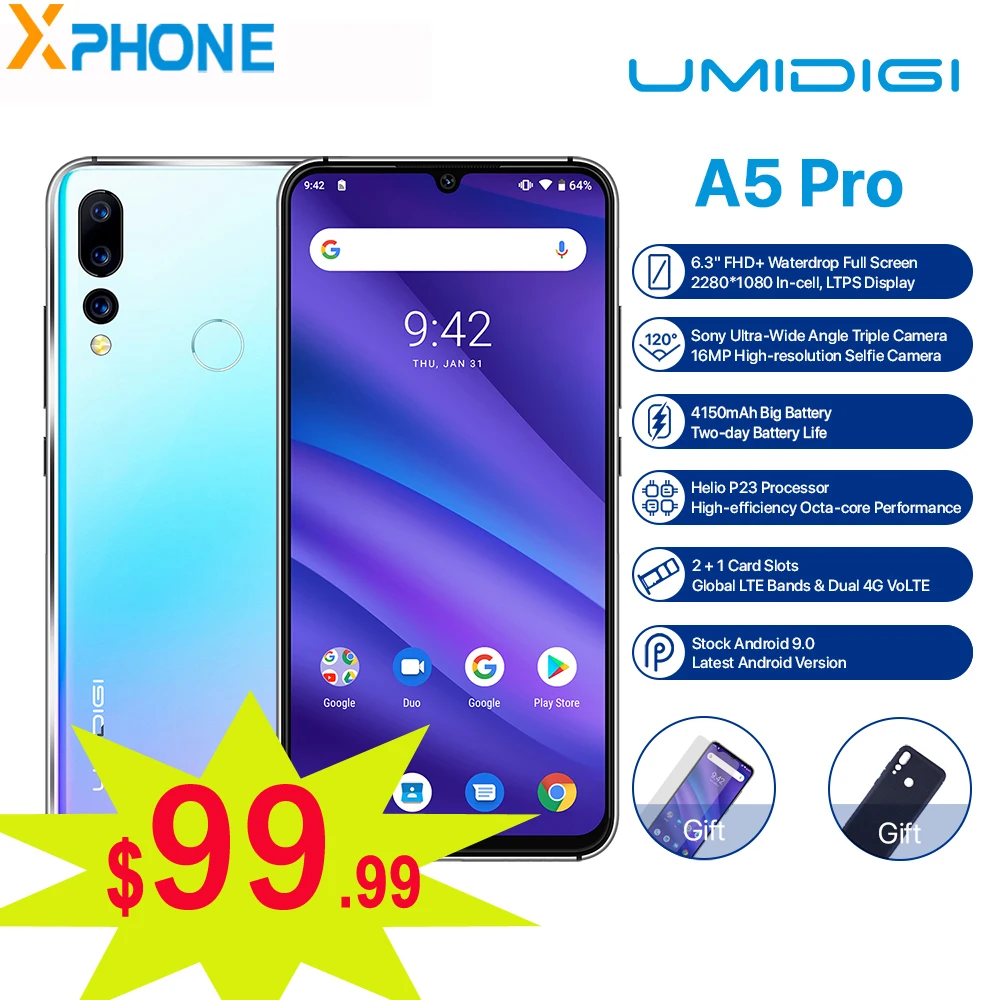 Мобильный телефон UMIDIGI A5 PRO Android 9,0, четыре ядра, 4 Гб ОЗУ, 32 ГБ, 6,3 дюйма, FHD+ 16 Мп, тройная камера, 4150 мА/ч, смартфон 4G Celular