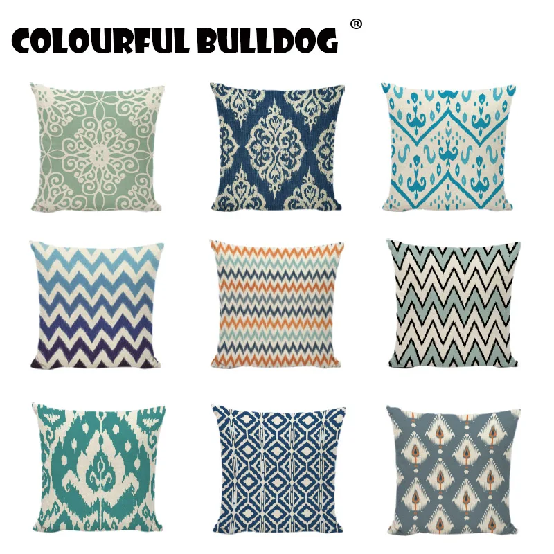 

Geometric Blue Stripes Cushion Cover Linen Cotton Print Colorful Creativity Graffiti Home Decor Ethnic Style Throw Pillow Covers