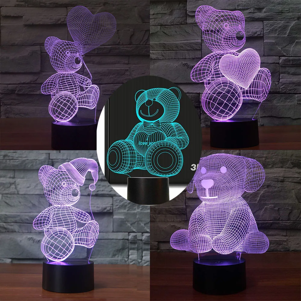 3D Оптическая иллюзия LED Мишка Тедди ночник 7 цветов Изменение декор комнаты свет