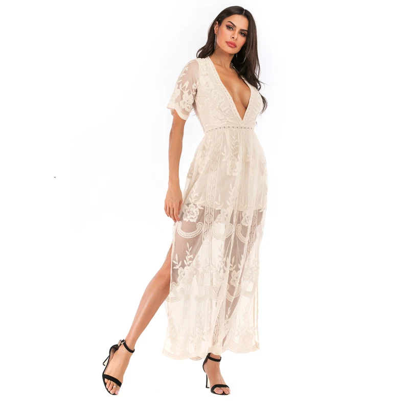 SESOAF Women Sexy Short Sleeve Long Dress Deep V-Neck Lace Romper Hot Selling On Amazon Maxi Party Wedding Vestido | Женская одежда