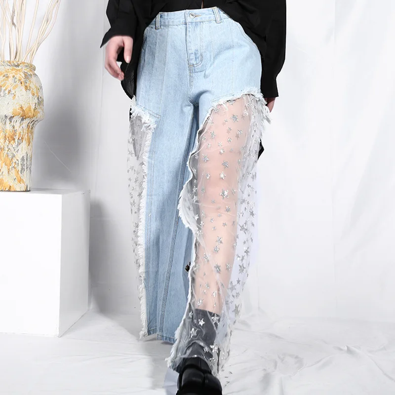 Europe and the United States perspective stars mesh stitching jeans 2019 spring summer new side open wide leg pants tide | Женская