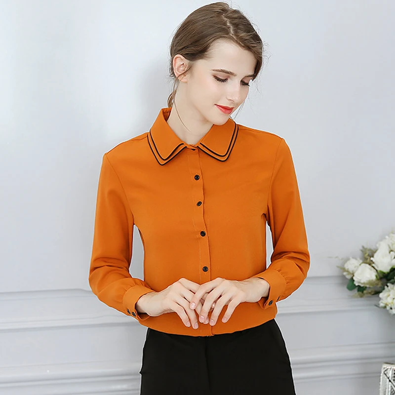 TANGNEST Women Peter Pan Collar OL Shirts 2018 Spring Summer Chiffon Casual Button Long Sleeve Tops |