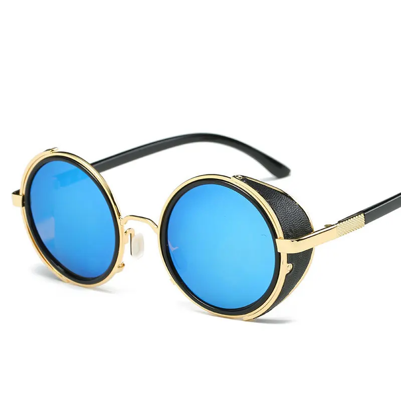 C04GoldBlue Трендовые стимпанк Солнцезащитные очки Мужские Круглые Солнцезащитные очки Мужские боковые козырьки круглые линзы унисекс Ретро стиль очки панка PL1144 - Цвет линз: C04GoldBlue