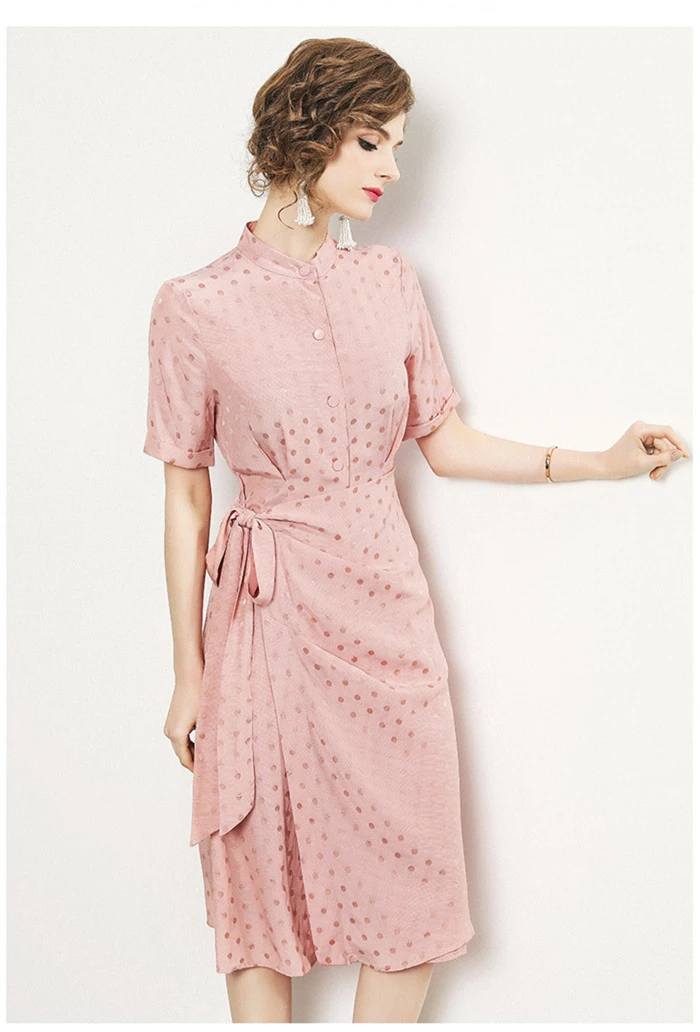 2019 летнее женское с круглым вырезом коротким рукавом желтое в горошек хлопковое