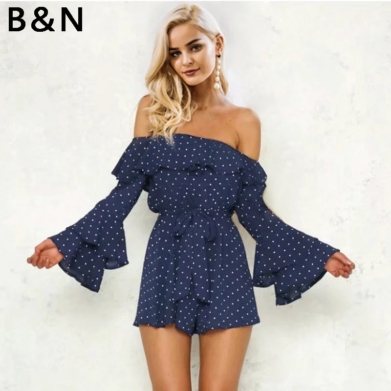 

2019 summen women Sexy Off shoulder Strapless Backless full Flare sleeve Polka Dot jumpsuit romper women chiffon playsuit