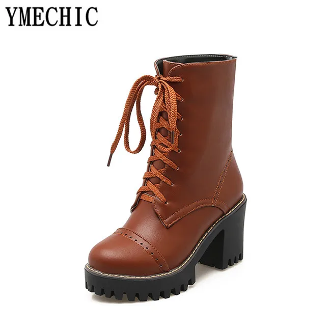 YMECHIC/2018 женские осенние ботинки серого и черного цвета на высоком блочном каблуке