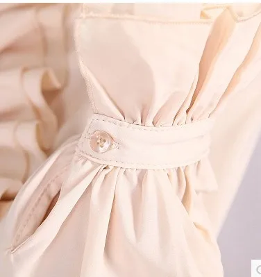 Модная женская рубашка с длинным рукавом высоким горлом и рюшами. |