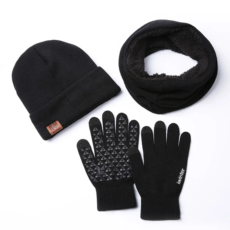 black without box Рождественский подарок, теплый комплект из 3 предметов, зимние шапки, шарф, перчатки для женщин и мужчин, толстые хлопковые зимние аксессуары, набор мужских шарфов, перчатки - Цвет: black without box