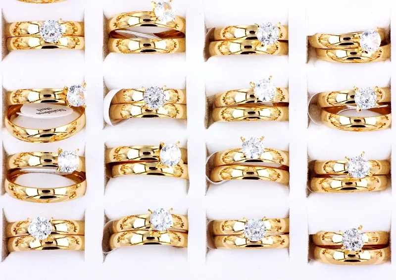 Wholesale Bulk Couple rings Women's 12Sets Gold CZ Stone Husband Birthday Xams Gift Men's Fashion Valentine's Wedding ring |