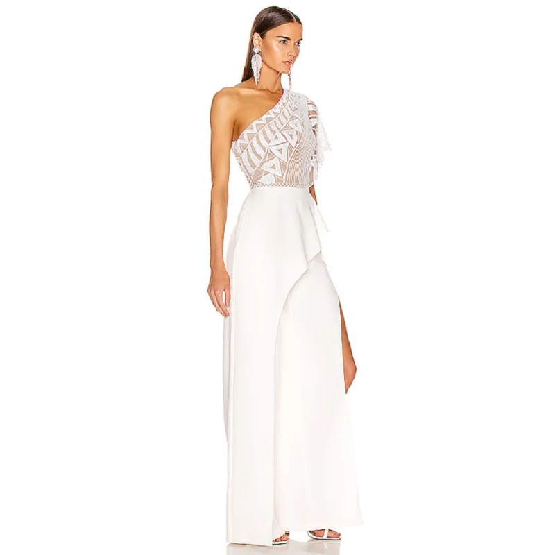 Летний модный белый женский комбинезон 2019 высокого качества с одним плечом