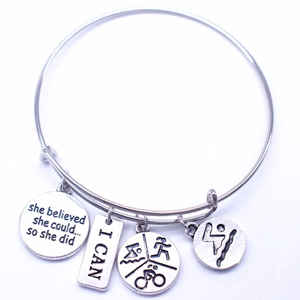 Custom Message Charms Accept She Believed Could So Did I Can Swim Bike Run Inspirational Expandable Wire Bangle |