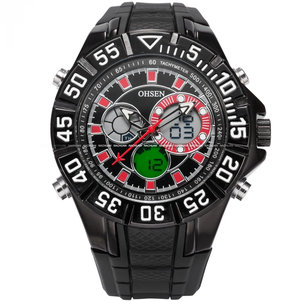 Бренд Ohsen Для мужчин мальчиков красный аналого цифровой ЖК дисплей Dual Time Дата