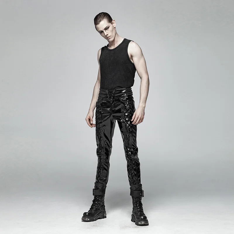 Мужские брюки в стиле панк блестящие черные из лакированной кожи модные