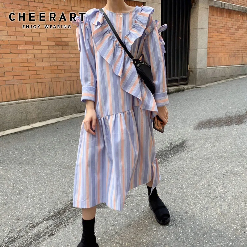 Cheerart длинное платье с оборками женское весеннее корейское свободное платье розовое и синее Полосатое платье миди одежда