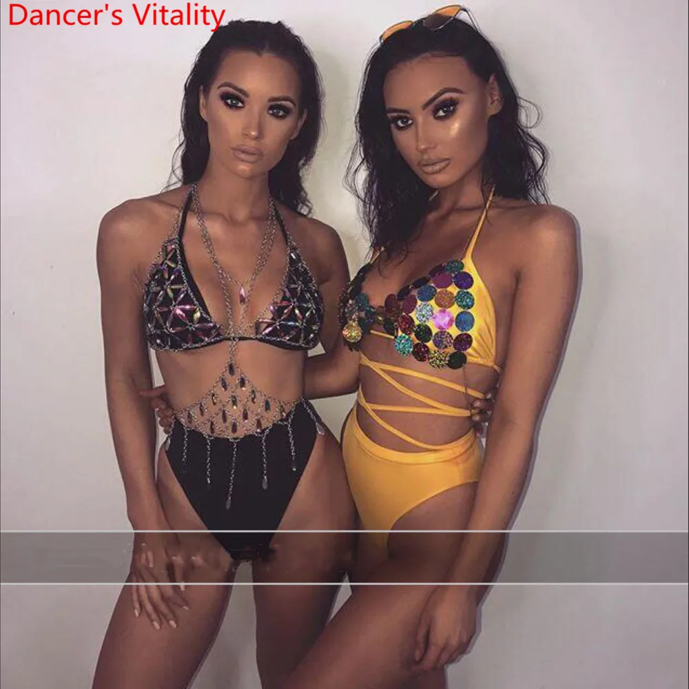 Ночной клуб бар сексуальное тело цепь стразы бикини DS Pole для джазовых танцев