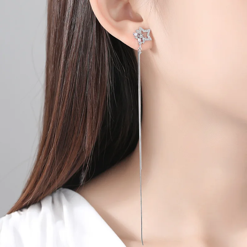 OMHXFC Wholesale European Fashion Woman Girl Party Gift Star Tassel Ear Lines Zircon 100% 925 Sterling Silver Stud Earrings EN63 | Украшения
