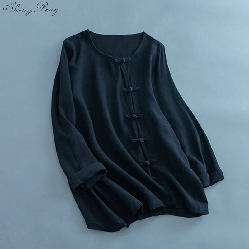 

Linen shirt women linen clothes cheongsam top Chinese style mandarin collar blouses solid color linen shirt V1457