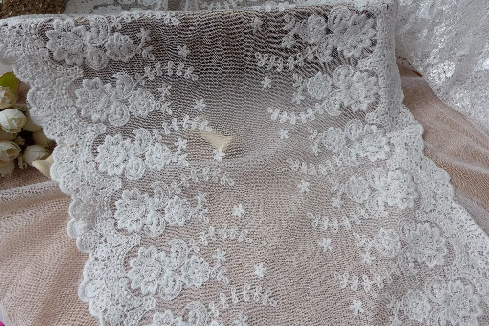 3 Yards 13.8&quot Wide Ivory White Embroidery Floral Lace Trim Gorgeous Cotton Tulle Fabric For Sewing Craft Costume Design | Дом и сад