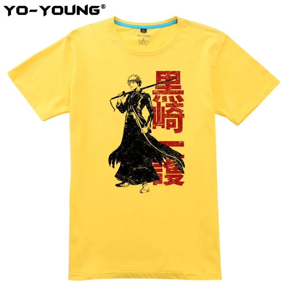 Yo-Young Men футболки Аниме BLEACH Kurosaki Ichigo принт 100% 180 gsm чесаный хлопок повседневные