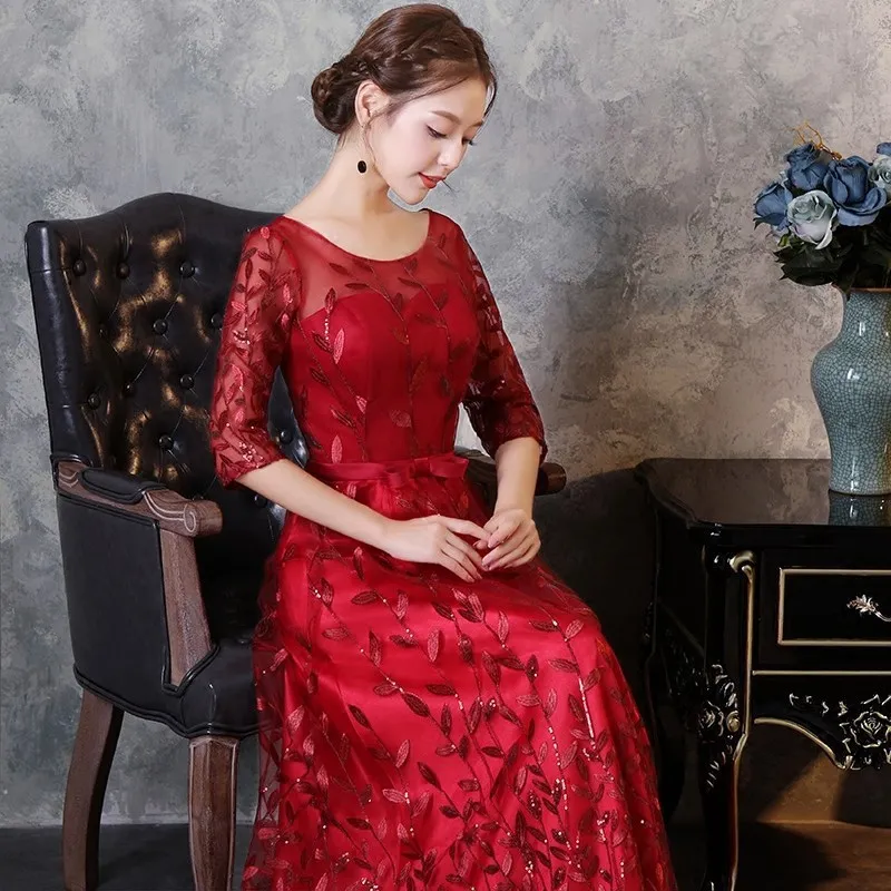 Красный Qipao модные длинные пикантные Cheongsam китайское традиционное свадебное Платье Иллюзия декольте платья для вечеринок Slim Fit