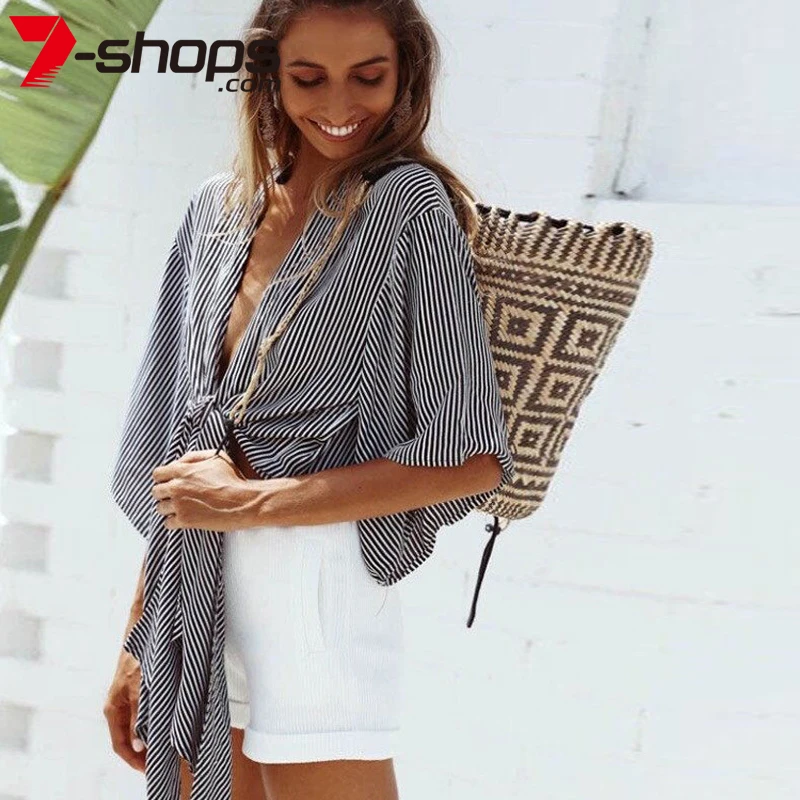 AECU Sexy Crop Top Women Stripe Flare Sleeve Shirts Deep V Neck Short Female Tops Vintage Girl Summer Tie Up Tees 2021 | Женская одежда