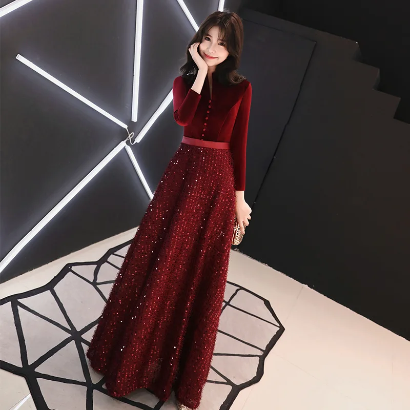Burgundy Summer Dress Women Vintage Standing Collar Nine-point Sleeve Shining Sequined Maxi Elegant Bride Long Party | Женская одежда