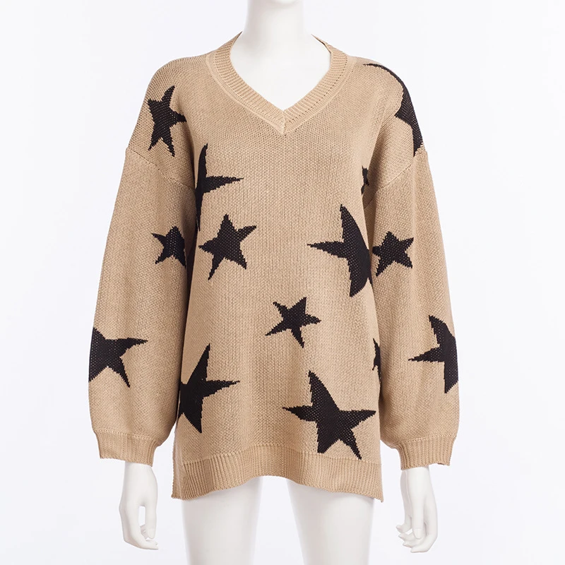 Ursohot 3 Colors Loose Vintage Women Autumn Winter Split Side Jumper Knitted Warm Lazy Style Sweaters Femme Star Print Женская одежда