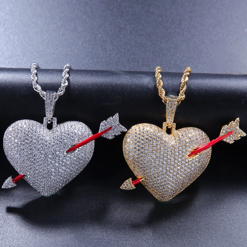 

Hip Hop Rapper Bling Ice Out Micro Paved Red AAA CZ Stone Shiny Cupid Arrow Heart Pendants Necklaces Men Wome Lovers Jewelry