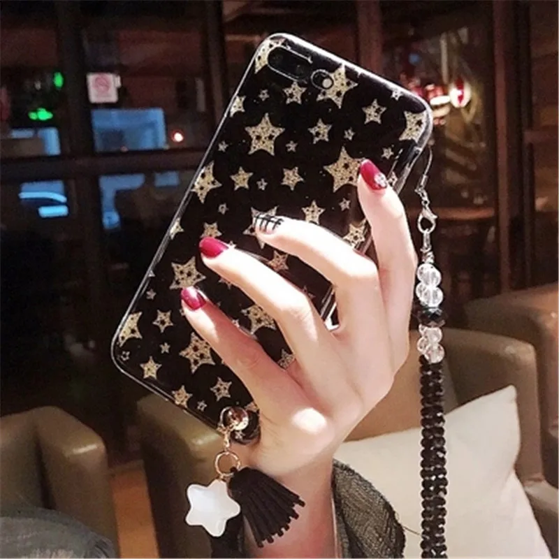 XSMYiss Case For iPhone 11 Pro MAX XS XR X 6 6S 7 8 Plus Surface Smooth Pentagram Glitter Glossy Tassel pendant Phone |