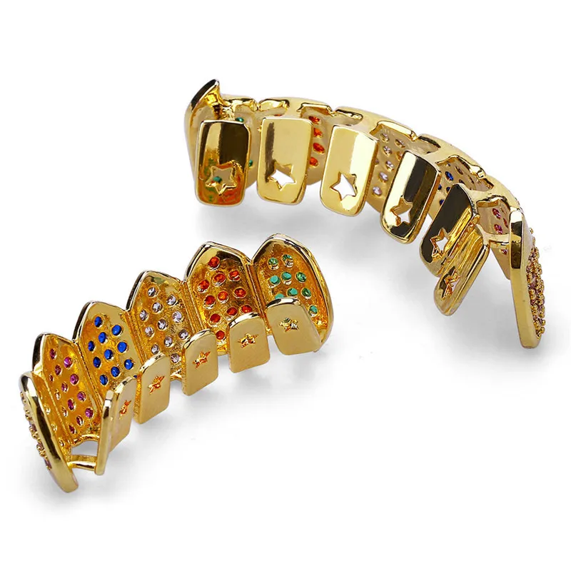 Разноцветные зубы Grillz Iced Out AAA циркон сверху и снизу набор зубов для мужчин и женщин подарки Мода вампирский зуб Grillz