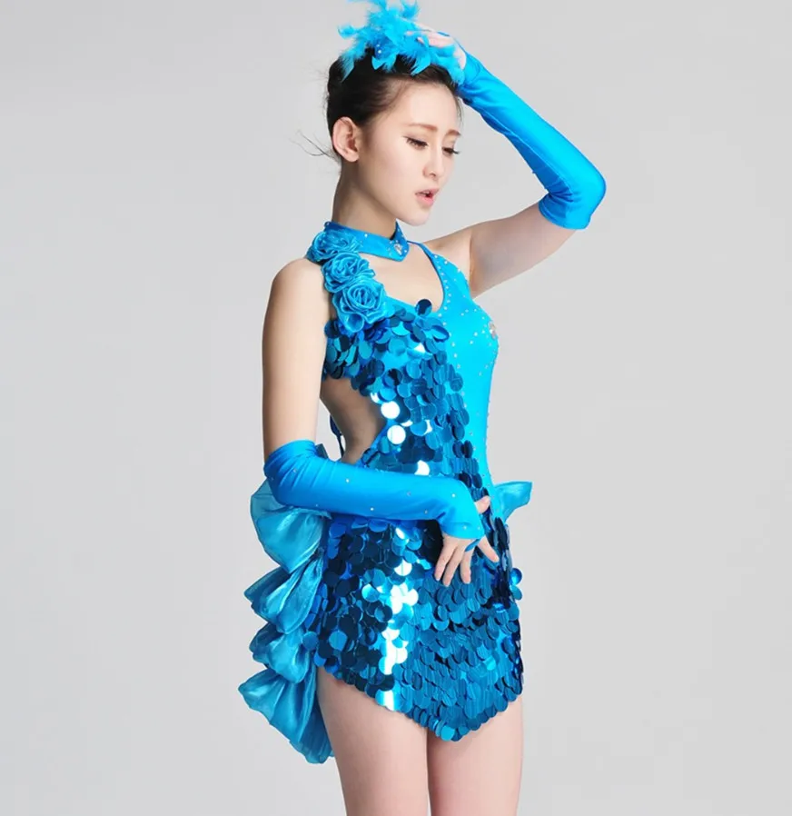 Женское платье для латиноамериканских танцев синее/красное смокинг с блестками