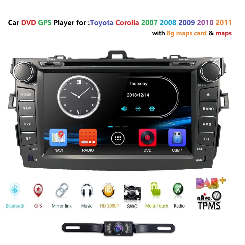 For Toyota Corolla 2007-2011 GPS Navigation 8&quot Car Stereo 2 DIN DVD Player Radio BT Subwoofer/Output/TPMS/DAB+/Mirrorlink/3G/RDS |