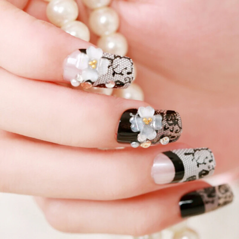 24 шт. черные кружевные французские накладные ногти искусственные акриловые