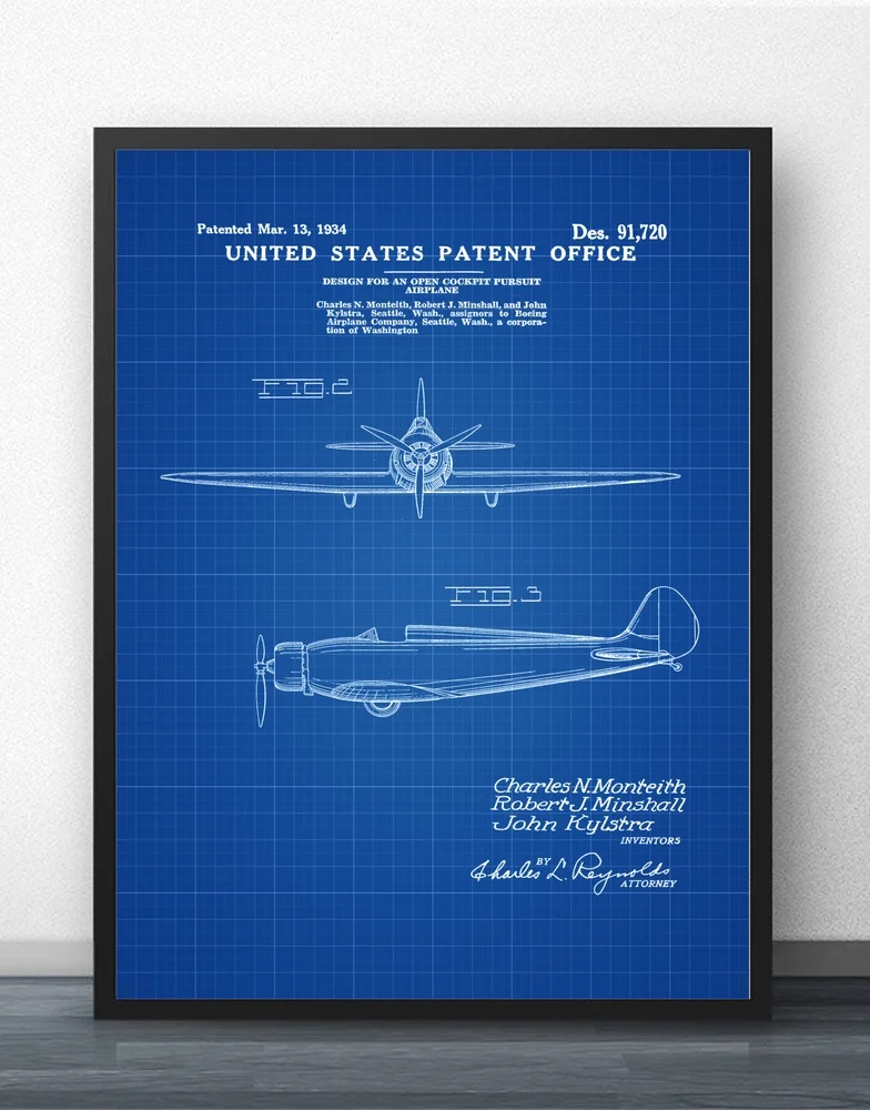 1934 Boeing открытый кокпит погоня самолет патент Blueprint настенная художественная