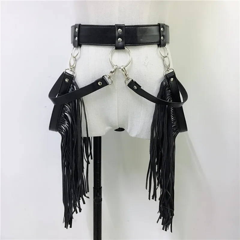 Summer Goth Black Leather 2 Piece Sets Multilayer Link Chain Bra Harness Long Tassel Garters Belts Clubwear Sexy Matching | Женская