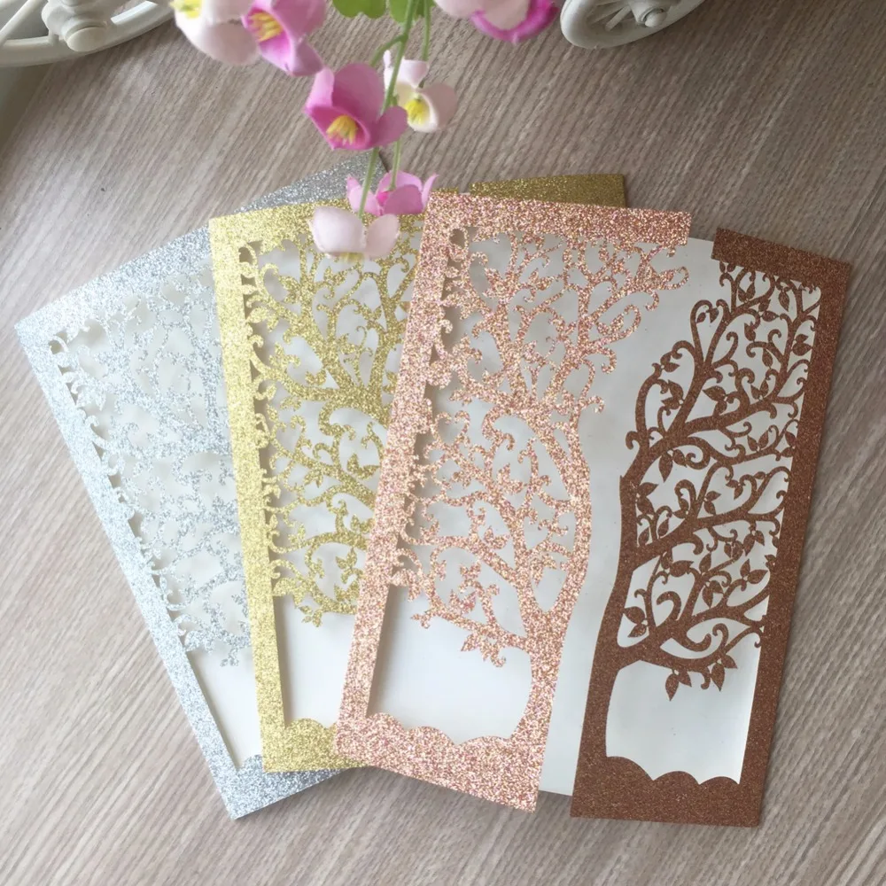 

50pcs New Glitter Gold Silver Paper Tree Design Hollow Laser Cut Wedding Invitations Engagement Wedding Invitation Card