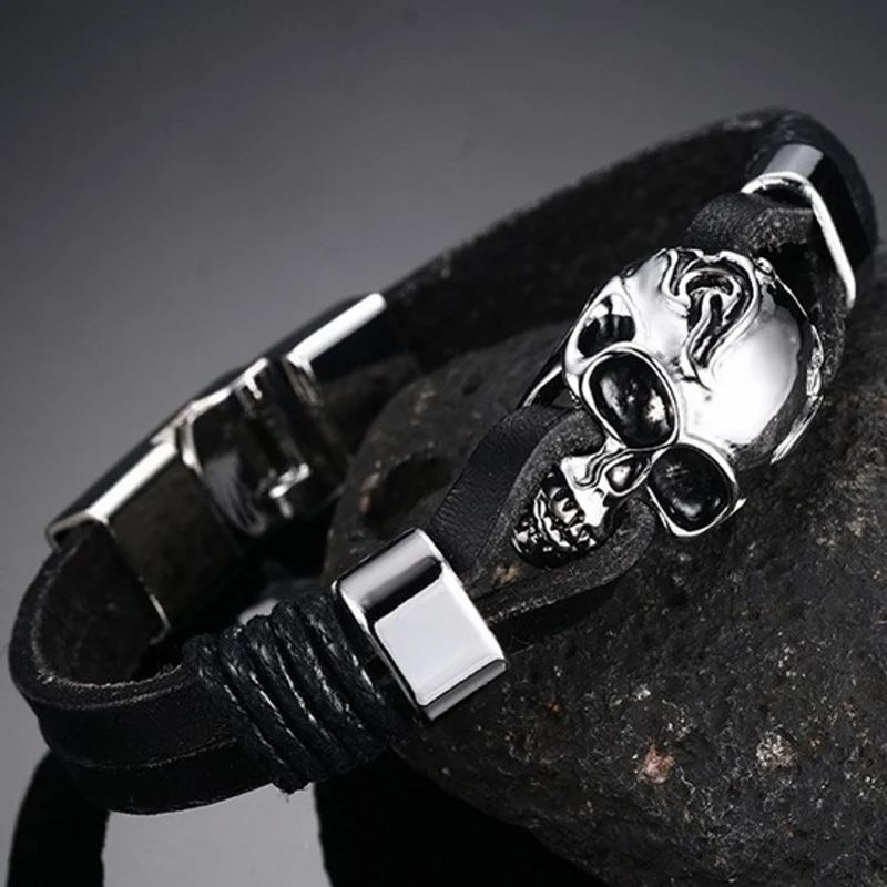 Skute Fashion Men Skull Design Genuine Leather Bracelets Rock Punk Stainless Steel Bracelet Bangles for Hip Hop Jewelry Gift | Украшения и