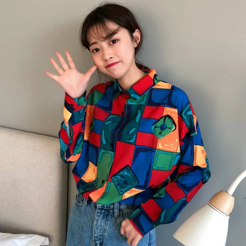Женская рубашка контрастных цветов с длинными рукавами Корейская шикарная