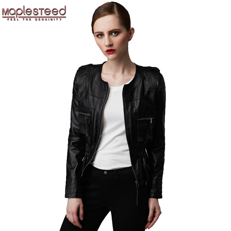 Женская кожаная куртка MAPLESTEED черная/красная облегающая из овчины на весну и