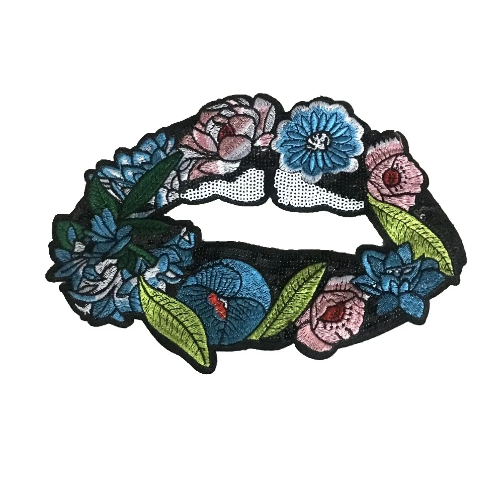 

1 PC large Embroidered Sequins Flower Lips Patches Girl Cloth Mouth Lips Patch 23*16.5cm Fashion Applique DIY Sewing Accessories